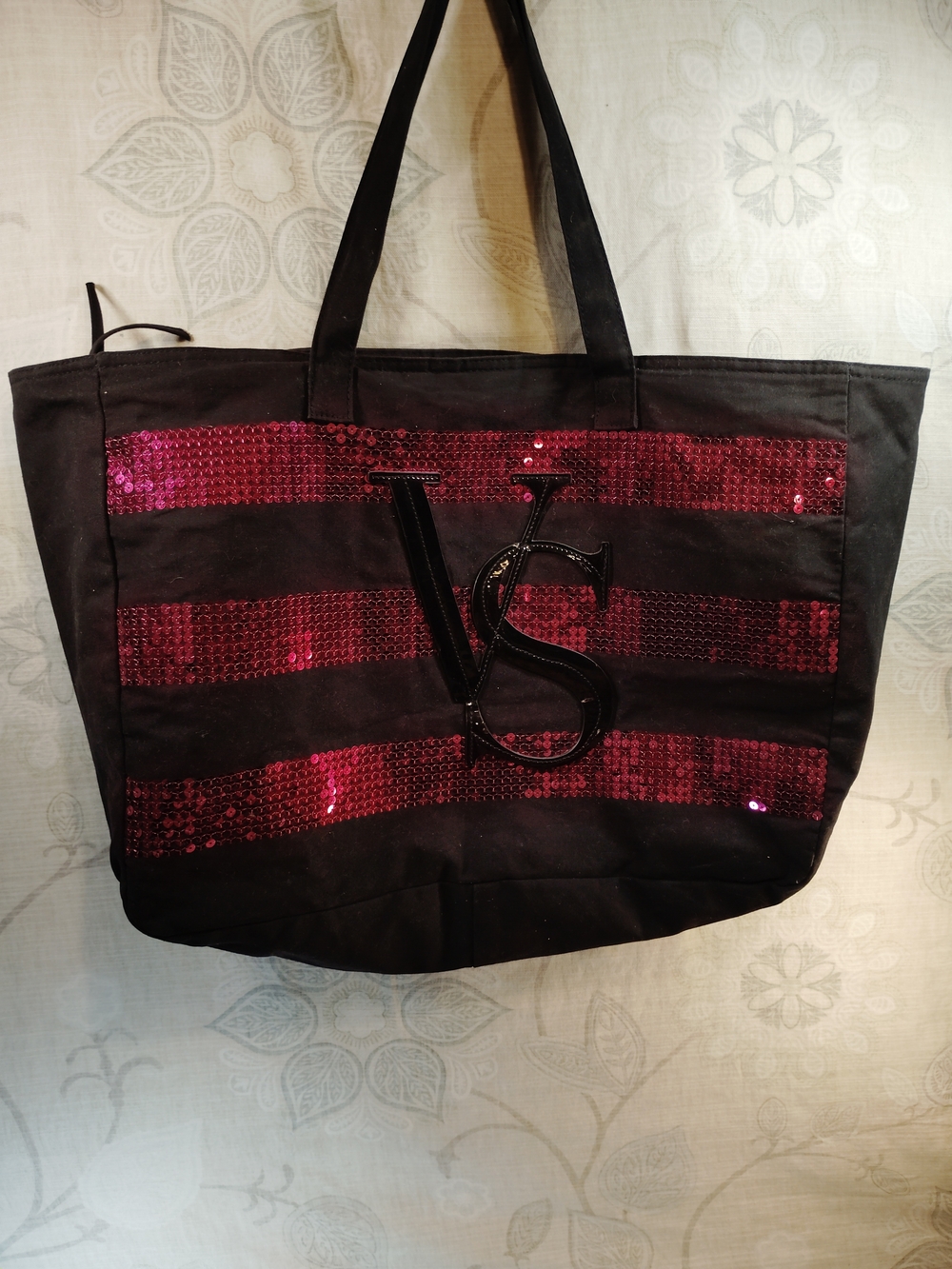 Victoria's Secret Black Tote with Pink Sequin Stripes - Picture 2 of 5